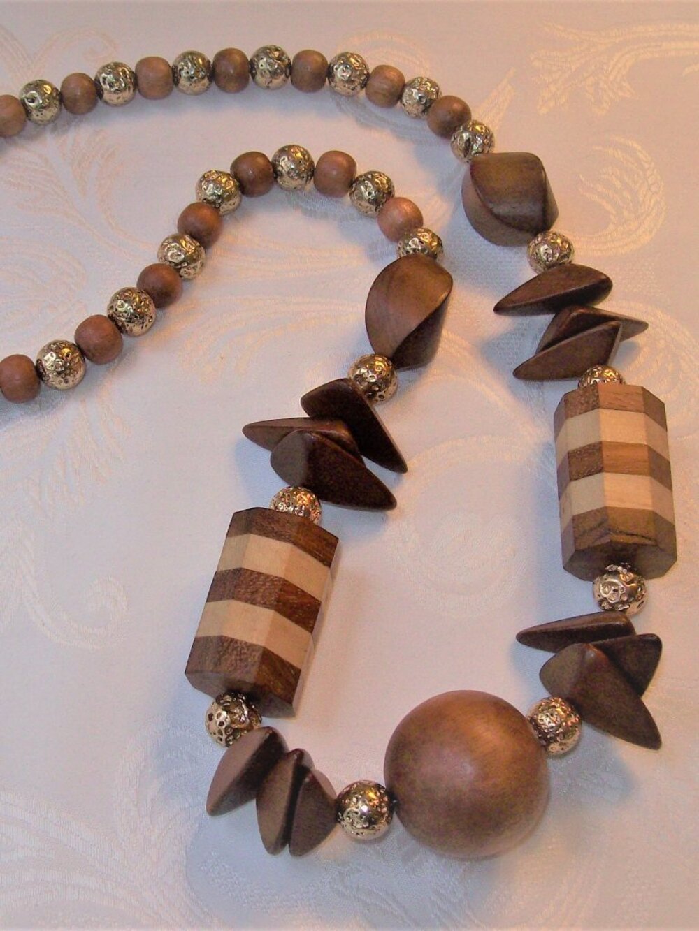 New-Long Earthy Natural Wood and Gold Lava Stone Necklace